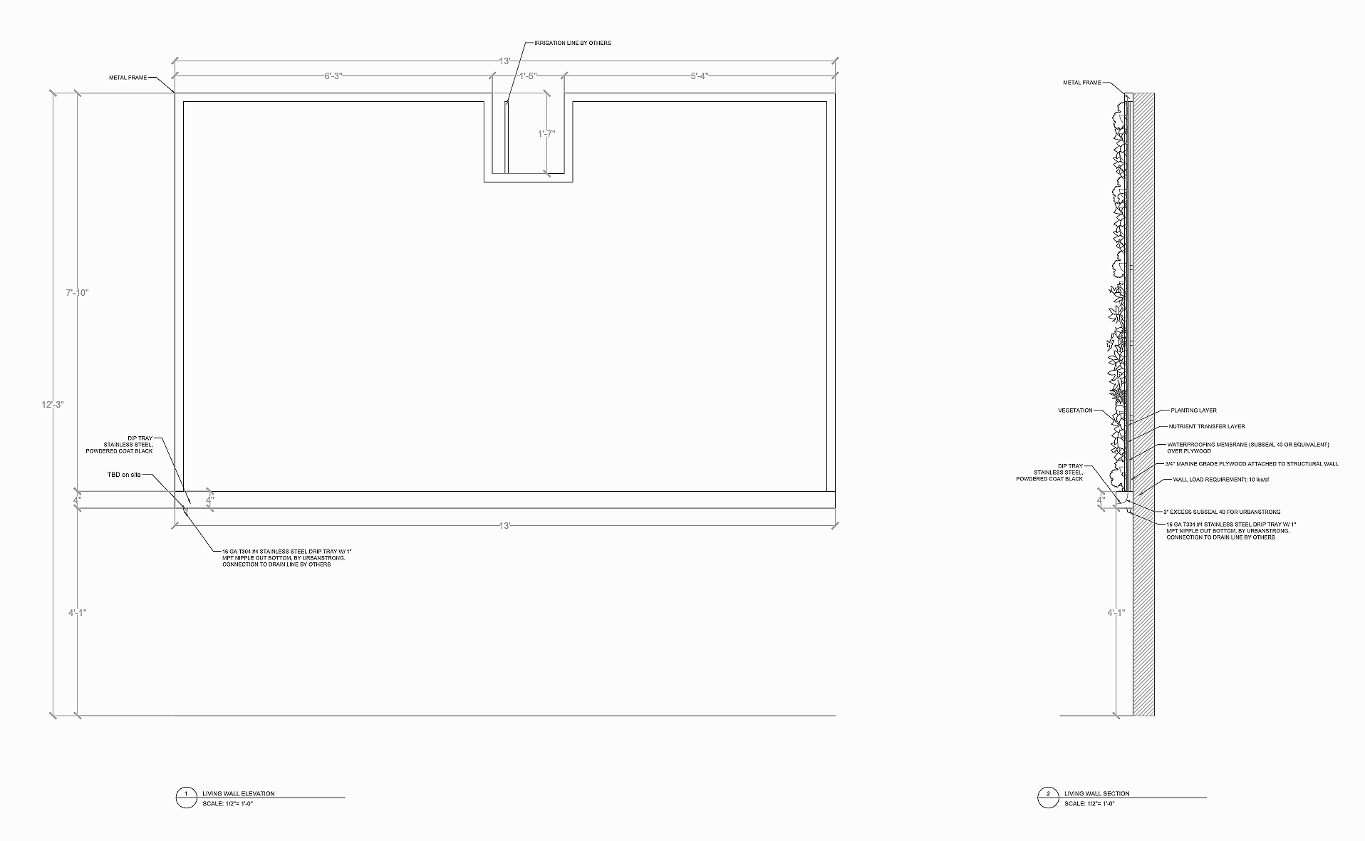Architectural drawing of a building wall showing dimensions, materials, and layers including metal frame, drainage trays, vegetation, planting layer, nutrient transfer layer, waterproof membrane, plywood attachment, wall load requirement, excess subsail, and connections for drainage and structural support.