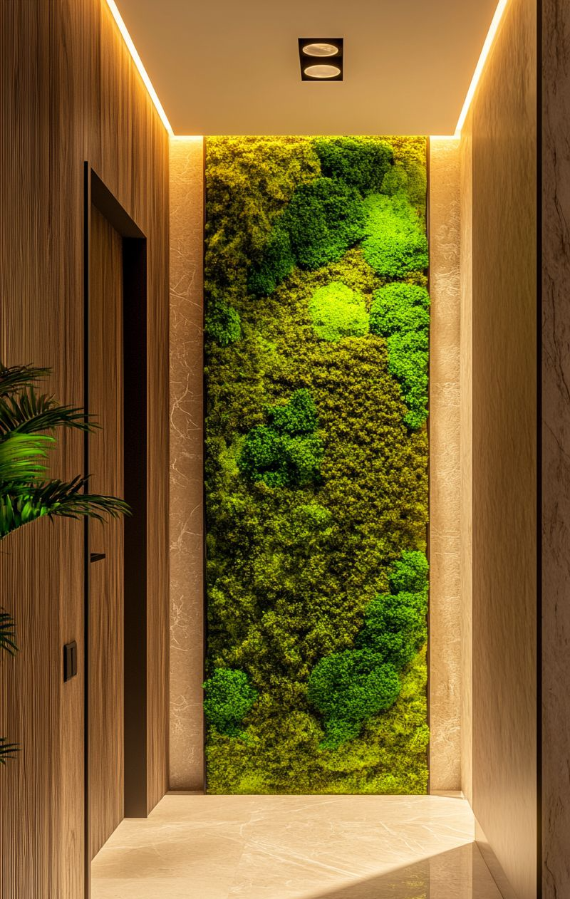 Hallway with wooden walls and a vertical green moss wall feature at the end.