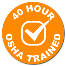 Orange badge with white checkmark and text indicating 40-hour OSHA training.