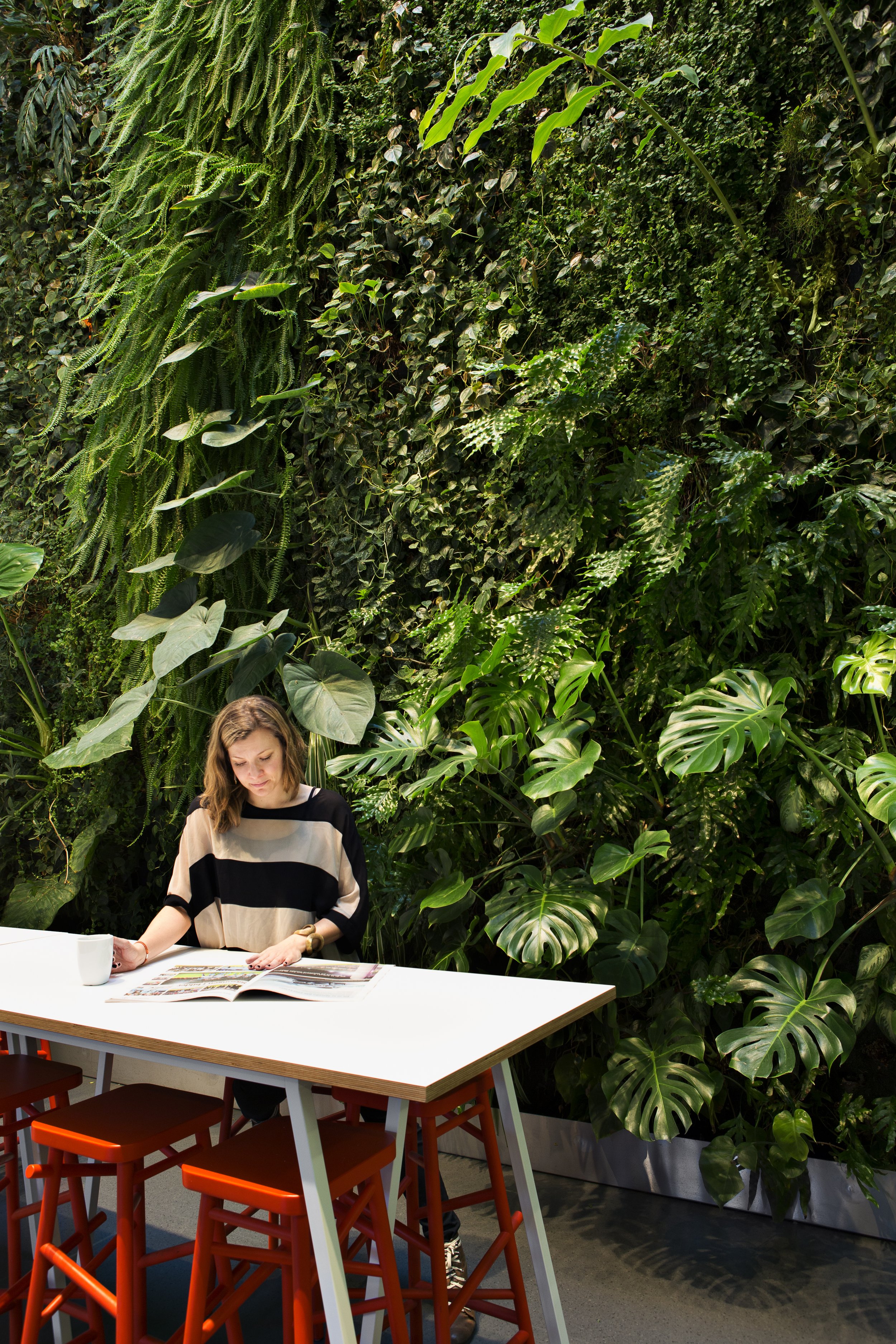A woman working in front of a commercial office, lush living plant wall featuring diverse tropical species.