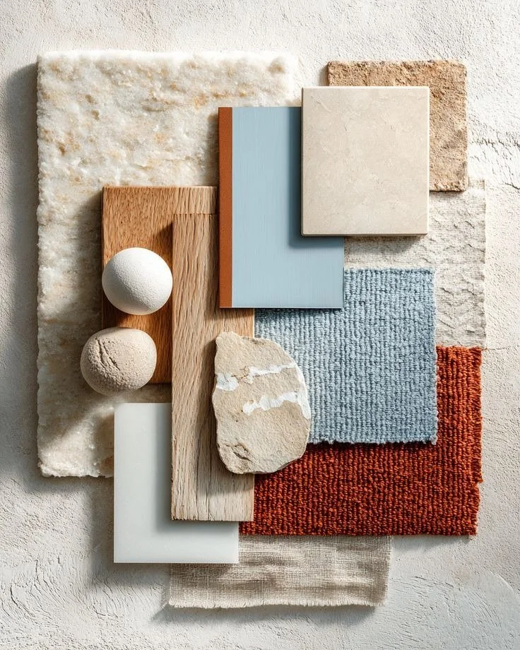 plande de matériaux pour une ambiance naturelle et chaleureuse en brun et bleu proposée par une coache en décoration intuitive