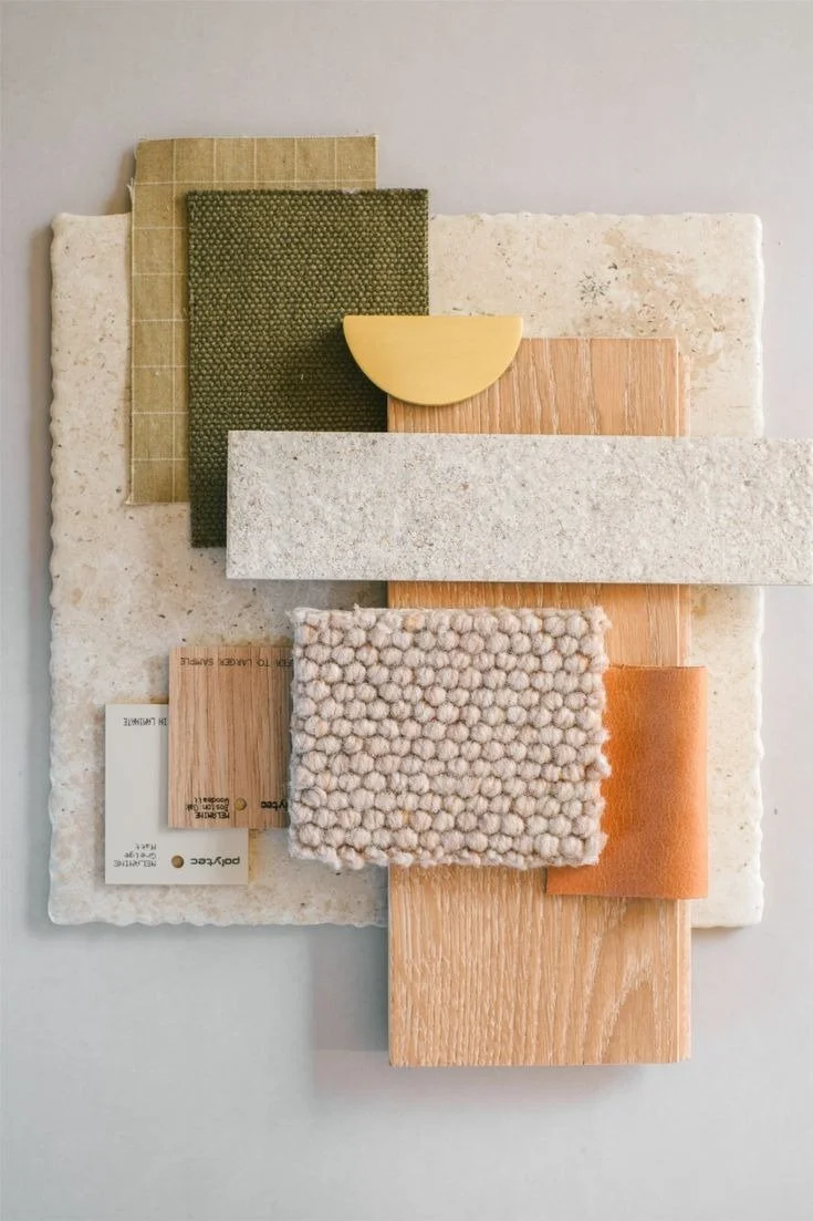 proposition d'ambiance et de matériaux de décoration d'intérieur dans des tons naturels et orangés