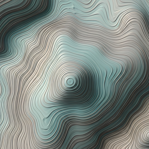 Abstract digital art with swirling lines and a circular pattern in shades of teal, beige, and black.