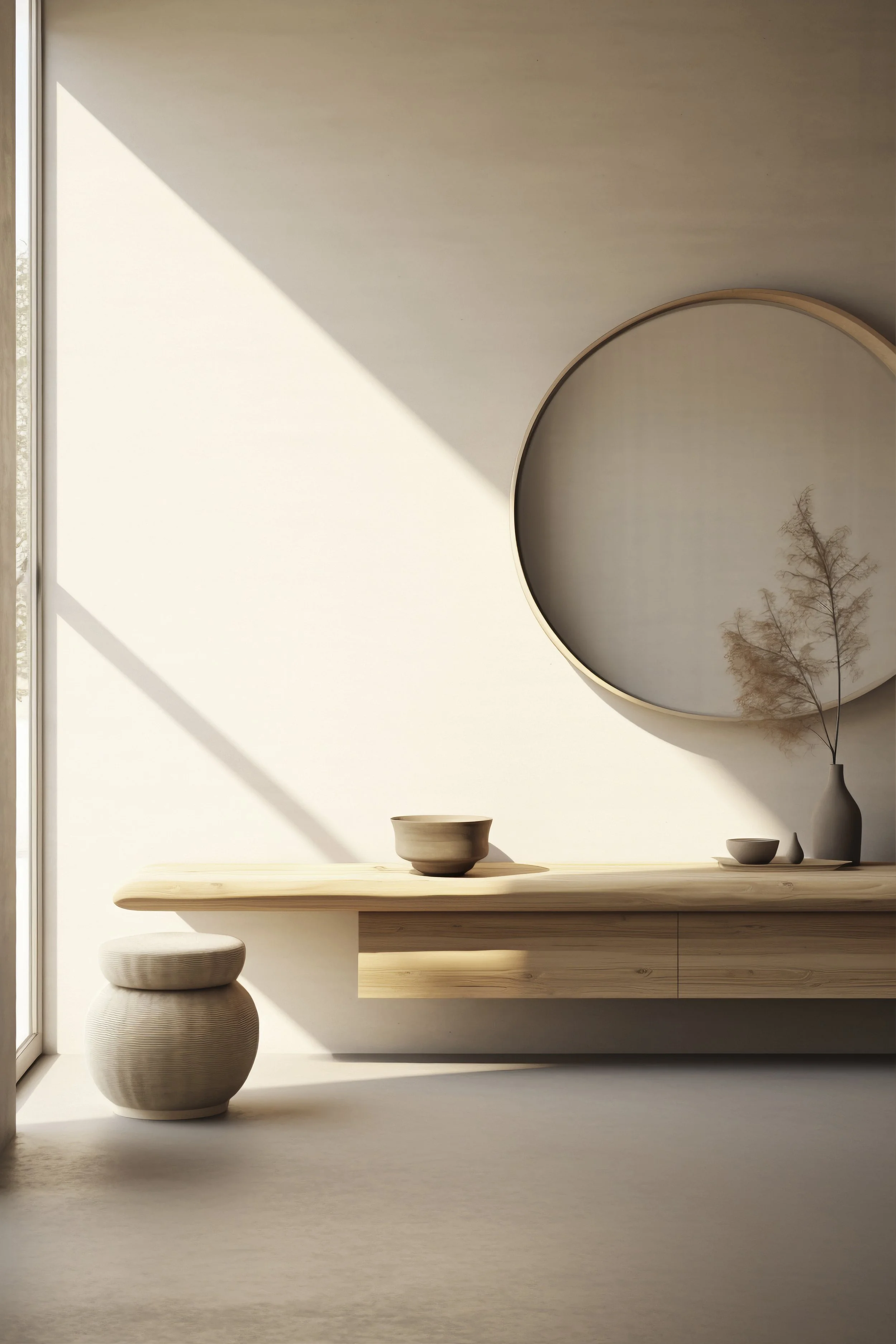 Minimalist interior with a light wood console table, ceramic bowls, a vase with dried branches, and a large circular mirror on a white wall, illuminated by natural sunlight.