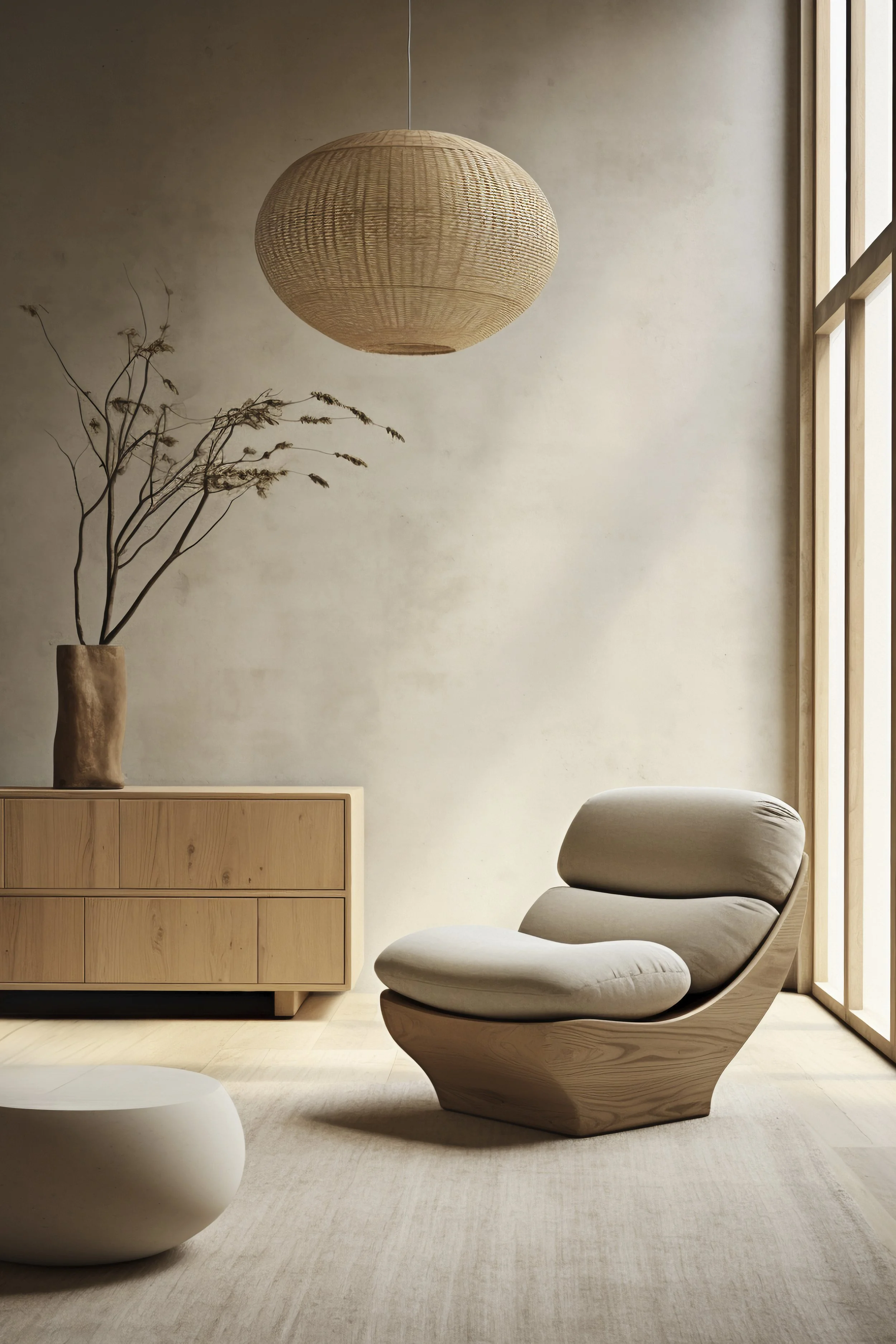 Minimalist interior living room with beige accent chair, wooden sideboard, a vase with dried branches, large hanging wicker lamp, and sliding wooden doors.