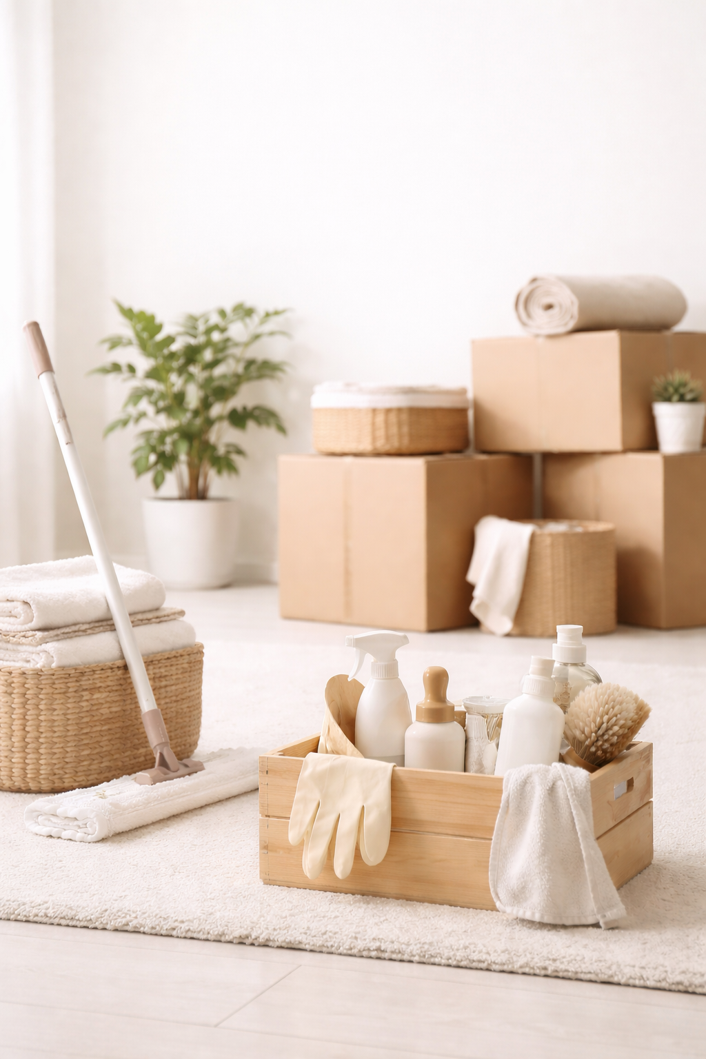 Cleaning supplies including spray bottles, gloves, brushes, and towels in a wooden crate on a light-colored carpet near stacked towels, boxes, and a potted plant in a bright room.