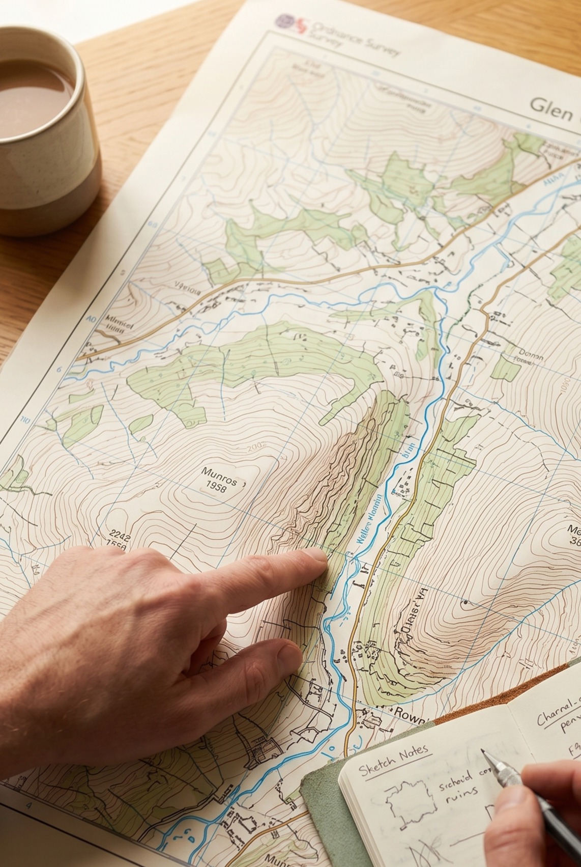 A person pointing at a topographic map with a finger and taking notes in a sketchbook, next to a cup of tea or coffee.