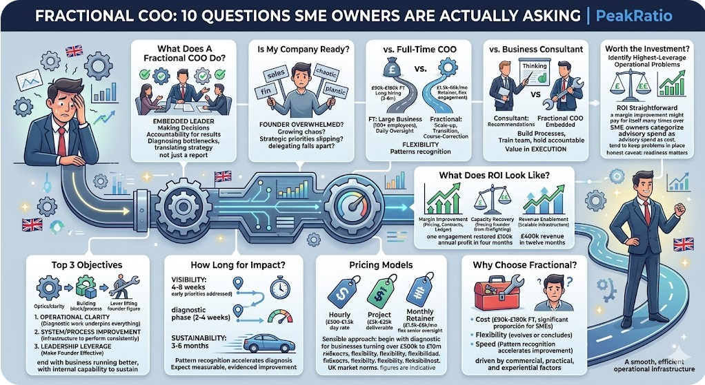 Infographic summarising 10 key questions about hiring a fractional COO, covering role definition, readiness signals, pricing models, ROI, and comparison with full-time hires and business consultants. By PeakRatio.