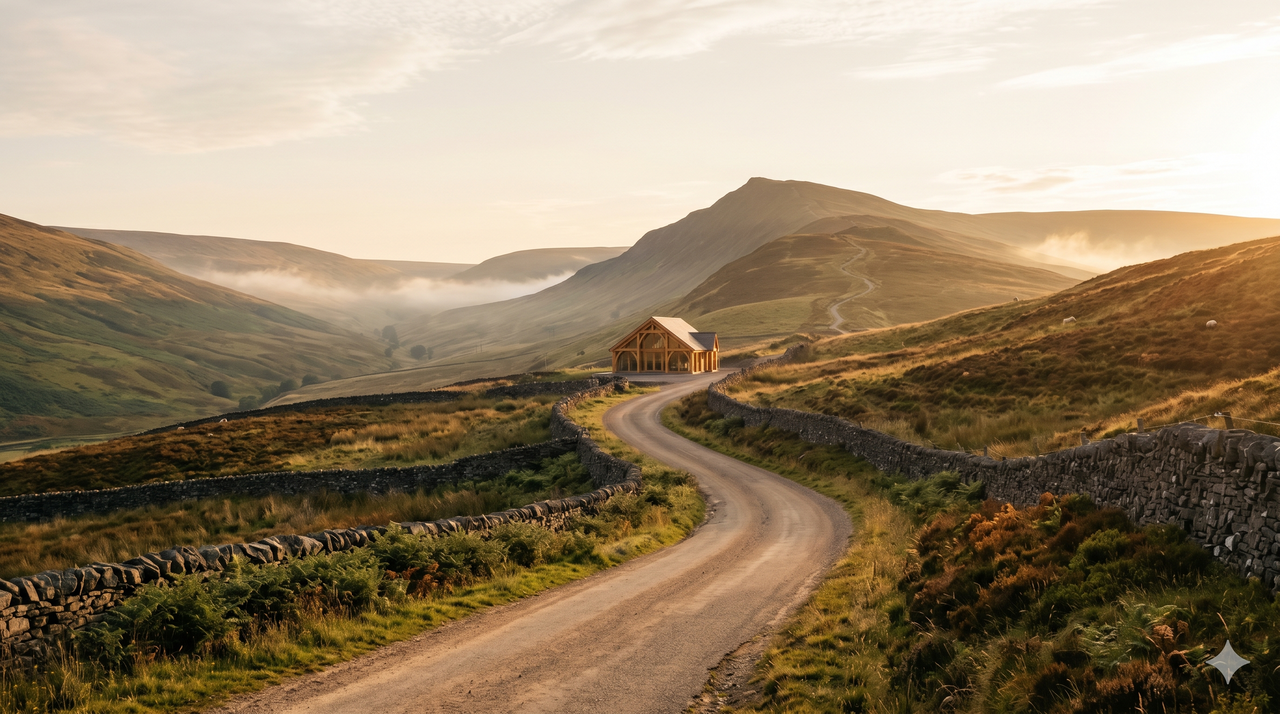 A winding dirt road leads to a wooden house in a hilly landscape at sunrise or sunset, with stone fences on either side and mist in the distance.