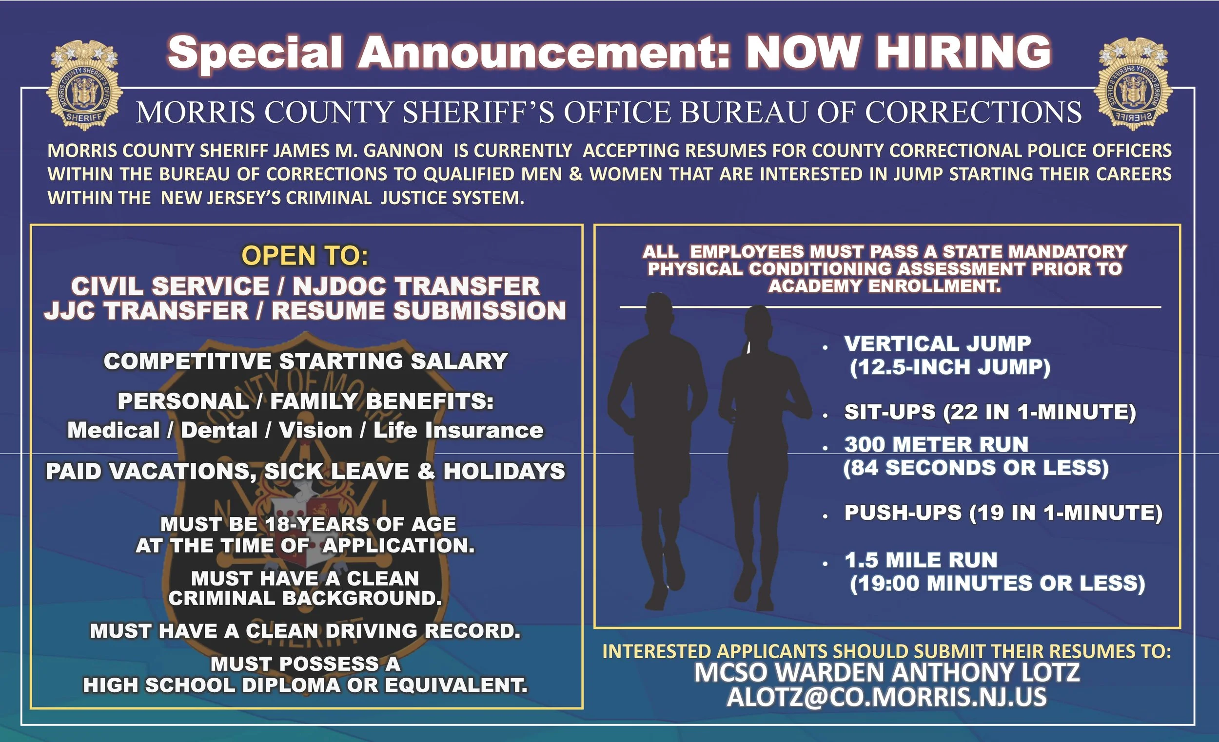 A recruitment flyer from the Morris County Sheriff's Office announcing now hiring for county correctional police officers. The flyer features the sheriff's badge, and contains details about the job, qualifications, and physical fitness requirements. It includes a silhouette of a man and woman walking, and provides instructions for submitting resumes via email.