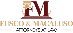 Logo of Fusco & Macaluso with a large red 'M' and gold decorative elements.