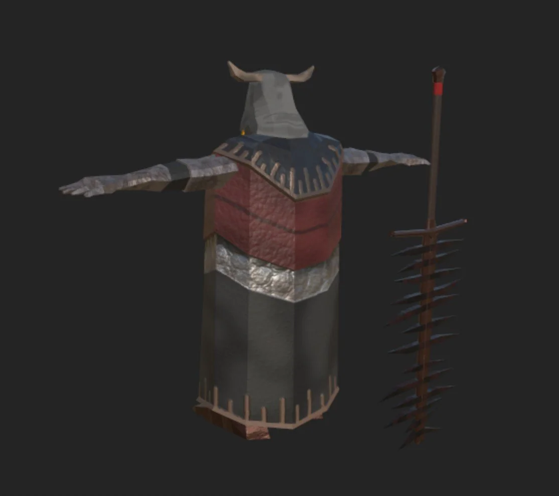 3D model of a humanoid figure with a bull's head, wearing medieval armor, holding a spiked club, in T-pose against a black background.