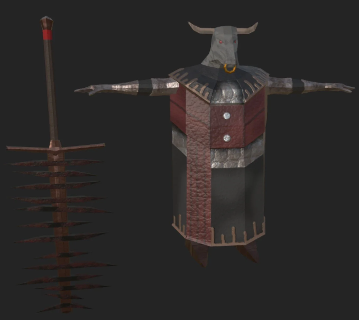 A 3D model of a humanoid figure with an animal head, wearing medieval armor and a cape, holding a staff with a spiked end, and standing against a dark background.