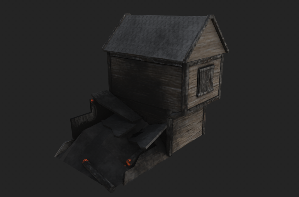 A small, weathered wooden house on wheels with a sloped roof and boarded-up window.