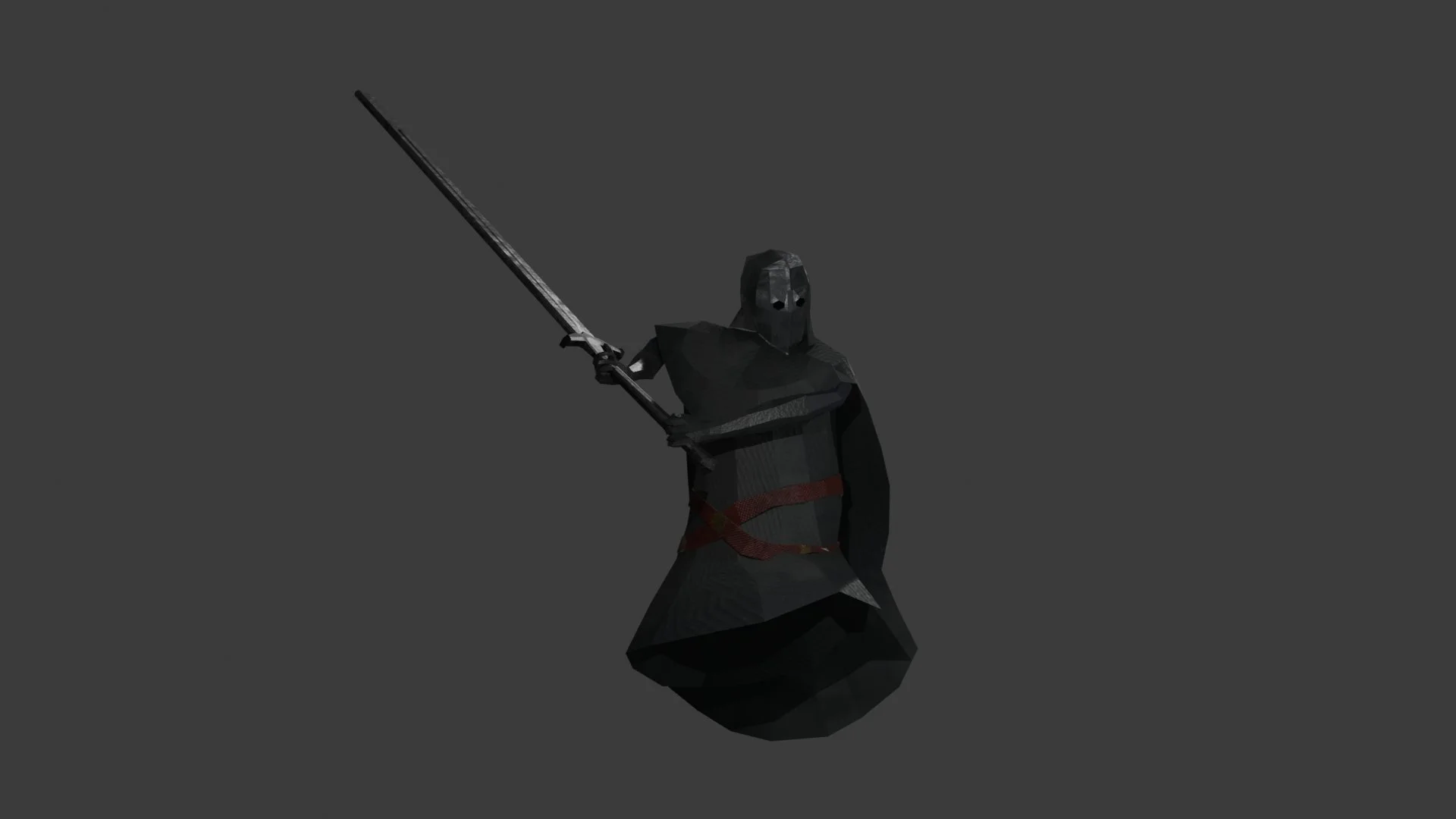A low-poly black figurine of a knight holding a sword, standing on a dark gray surface with a dark background.