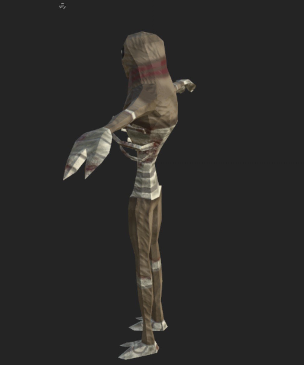 A low-polygon 3D model of a creature with a humanoid body and a large head, featuring fins or wings, set against a black background.