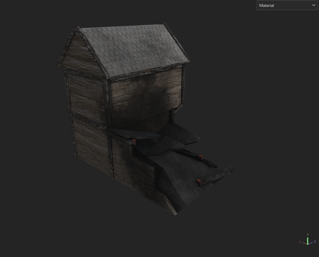 A small, weathered wooden house with a sloped roof, attached to a black ramp or slide.