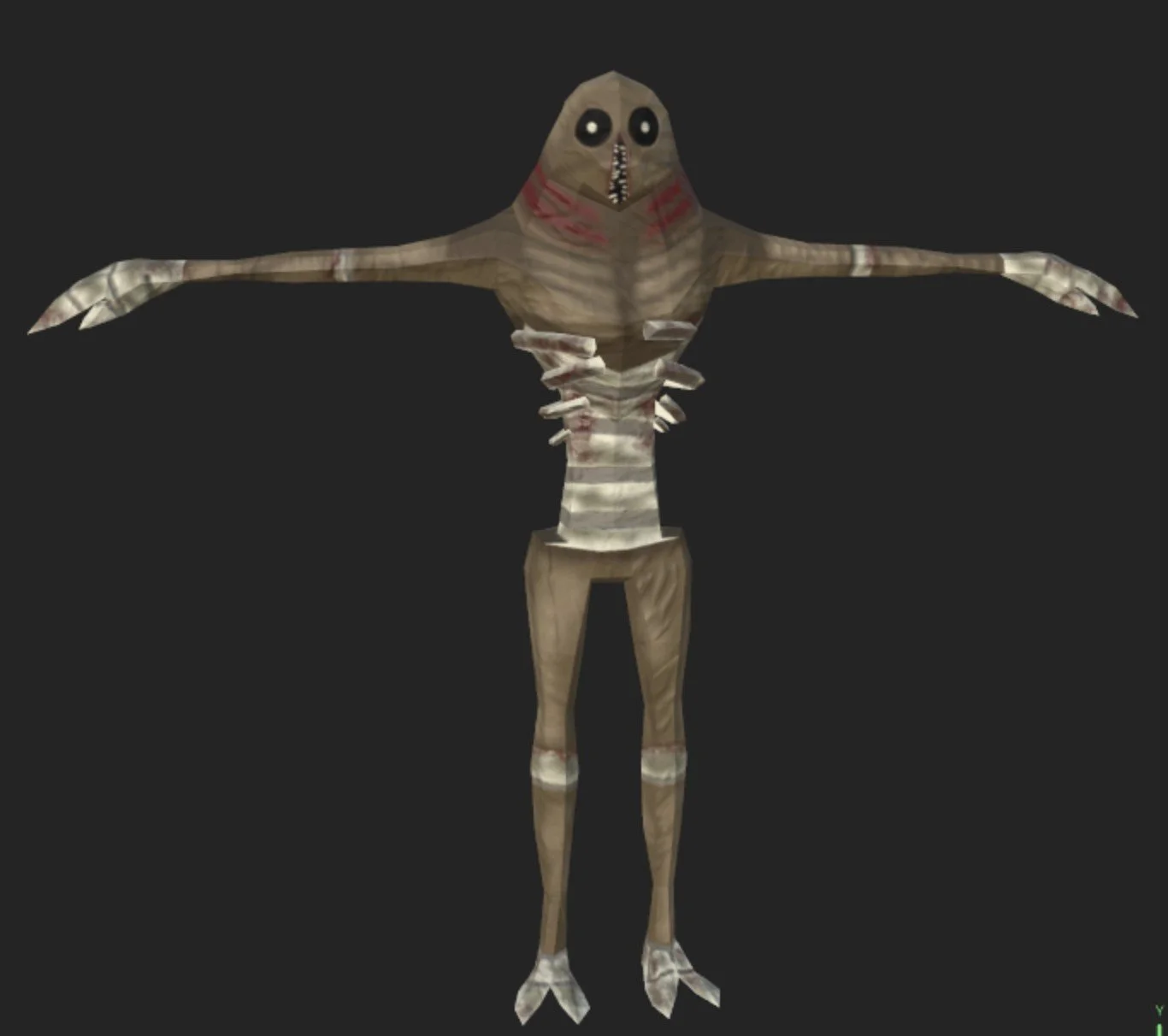 A 3D-rendered creature resembling a hybrid of a bird and a humanoid with wings, bird feet, and a bird-like face, standing against a dark background.