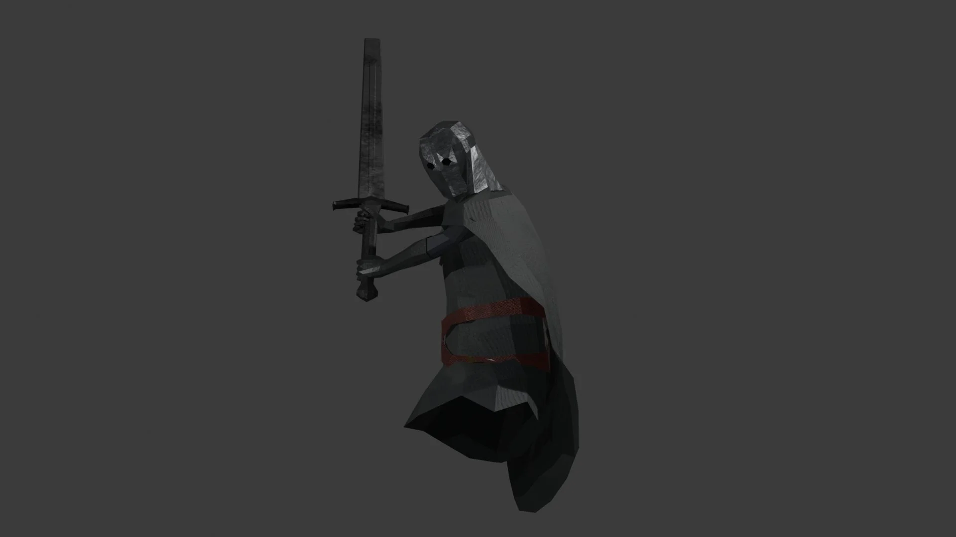 A low-poly 3D model of a medieval knight holding a long sword, wearing a cape and a red belt, against a dark gray background.