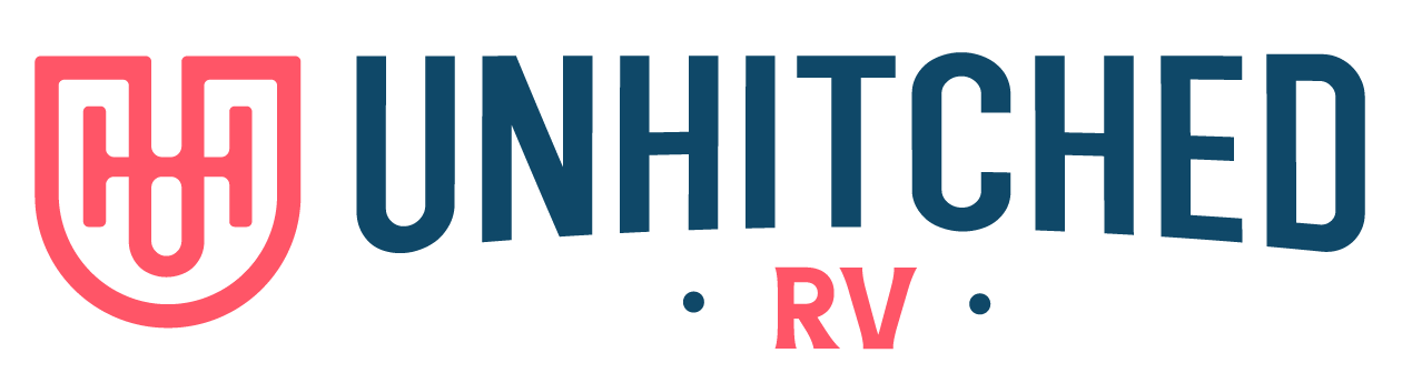 Logo for Unhitched RV in pink and blue colors with a shield-like icon