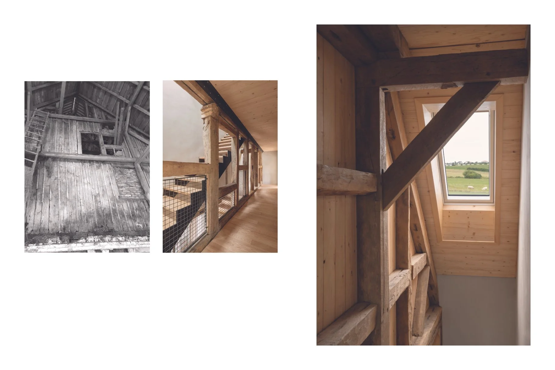 Historische Fachwerkfassade vorher und freigelegt im Treppenhaus nachher 