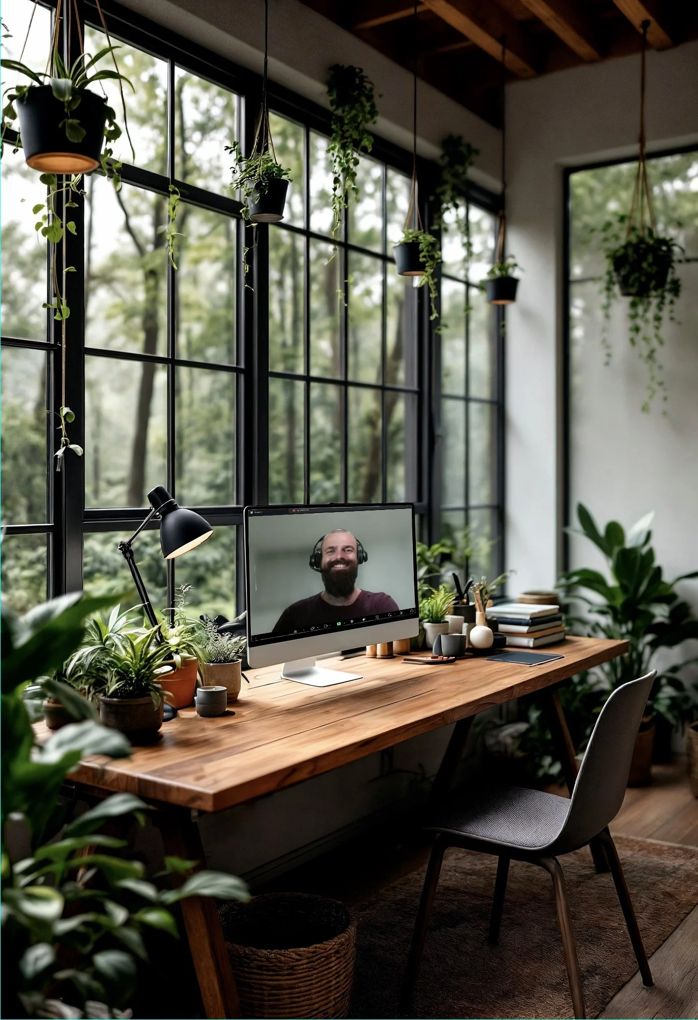 A home office with a large wooden desk, surrounded by various potted plants, and a computer monitor displaying a man with a beard wearing headphones, in front of a large window showing greenery outside.