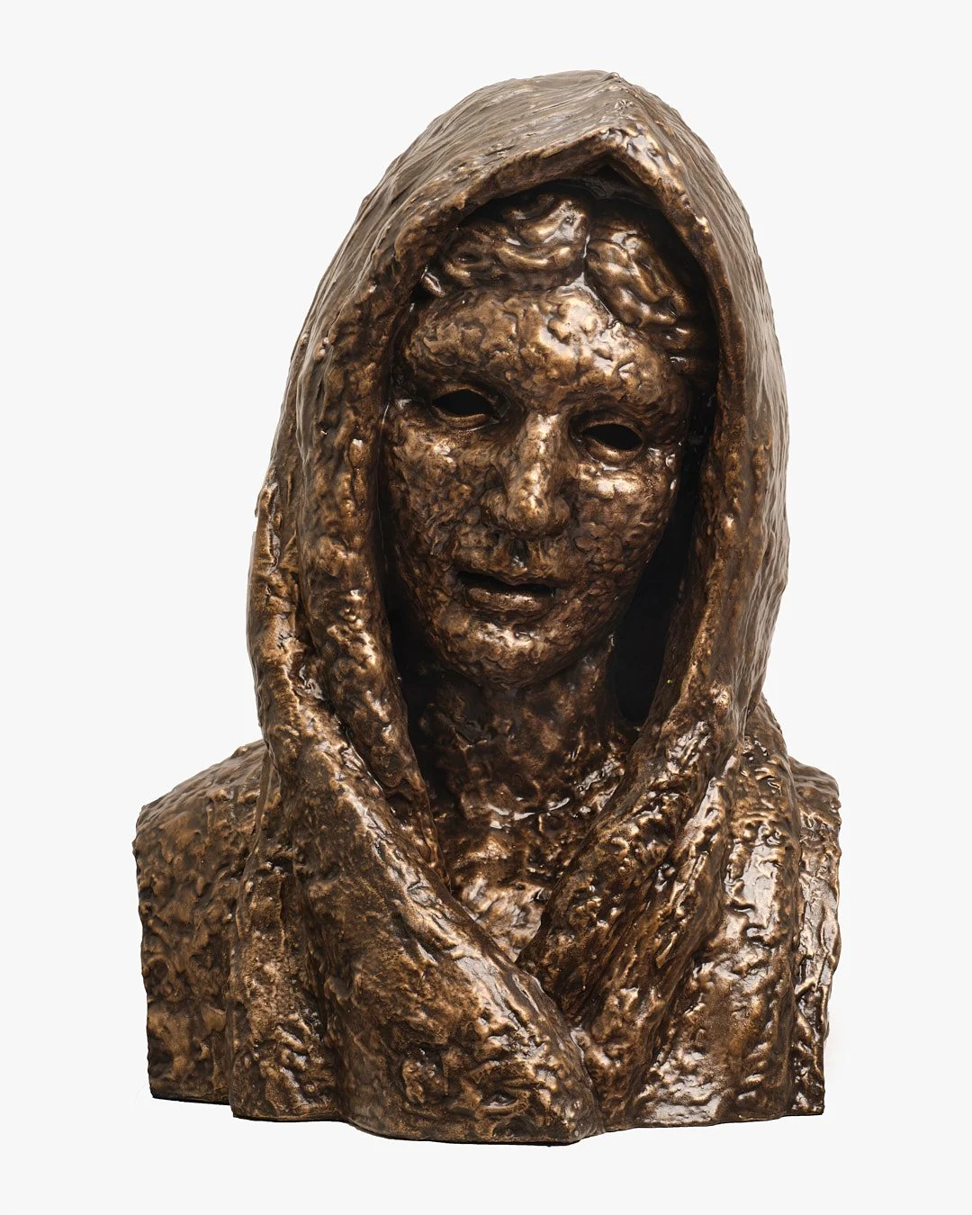 Bronze sculpture of a woman with her head wrapped in a shawl, mouth slightly open, and her hands crossed over her chest.