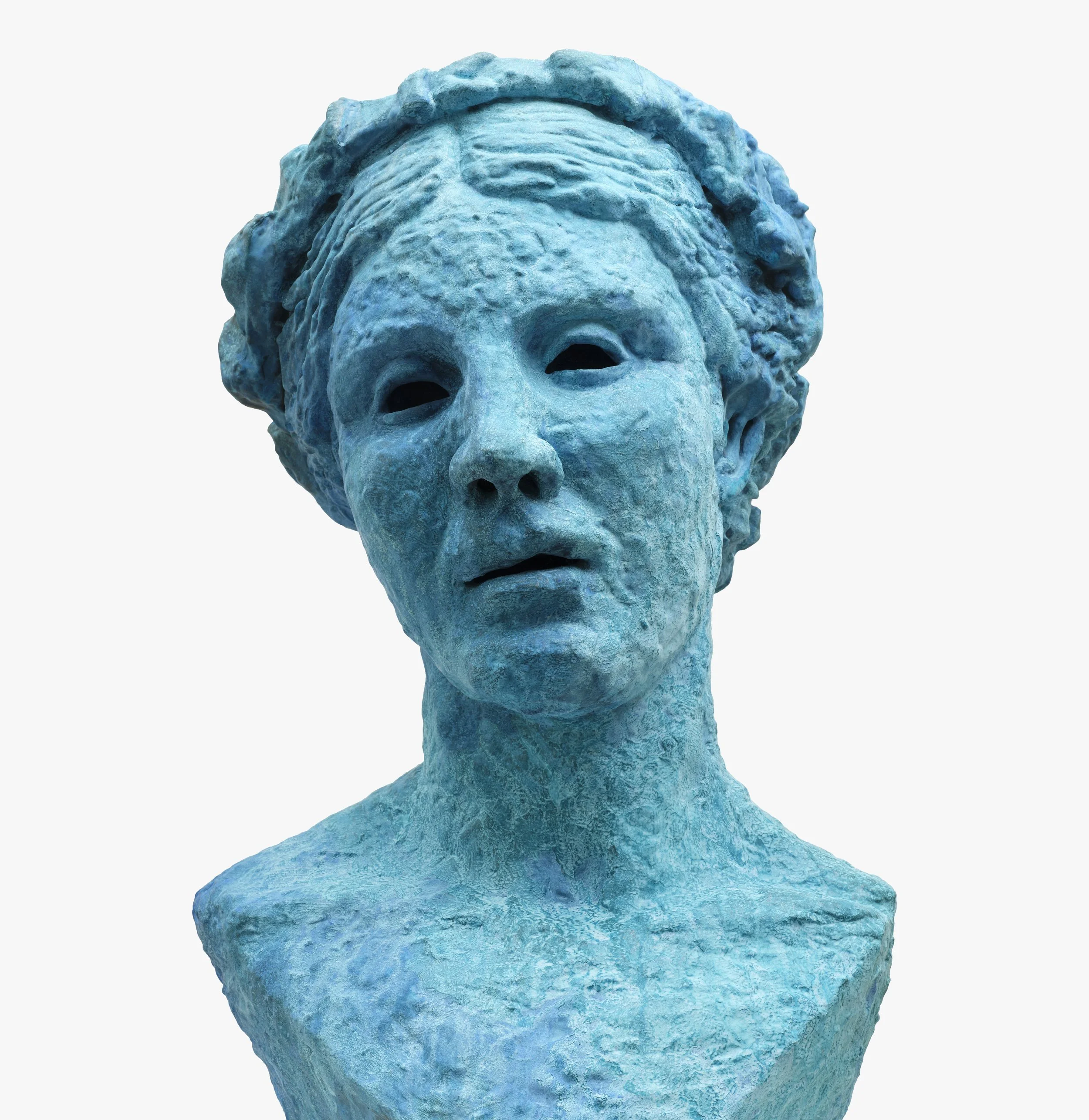 A blue-toned bust sculpture of a woman with curly hair, missing visible eyes, and a solemn expression.