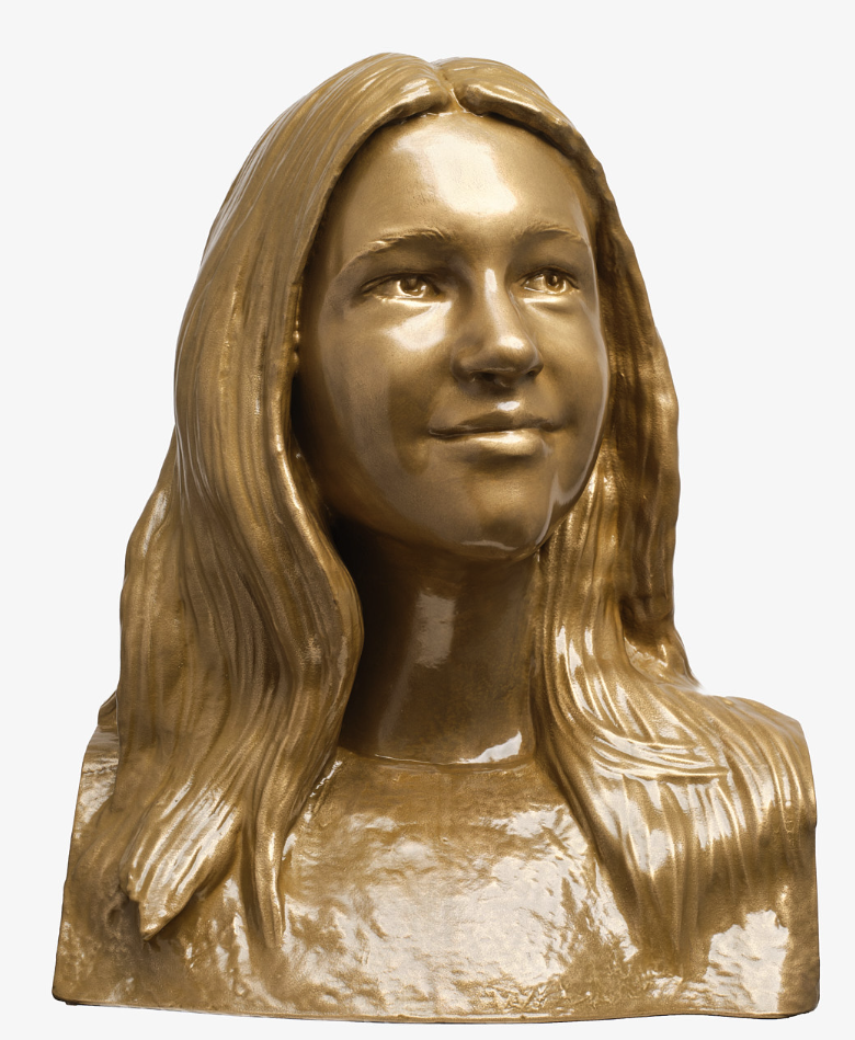 Gold-colored bust sculpture of a young woman with long hair.