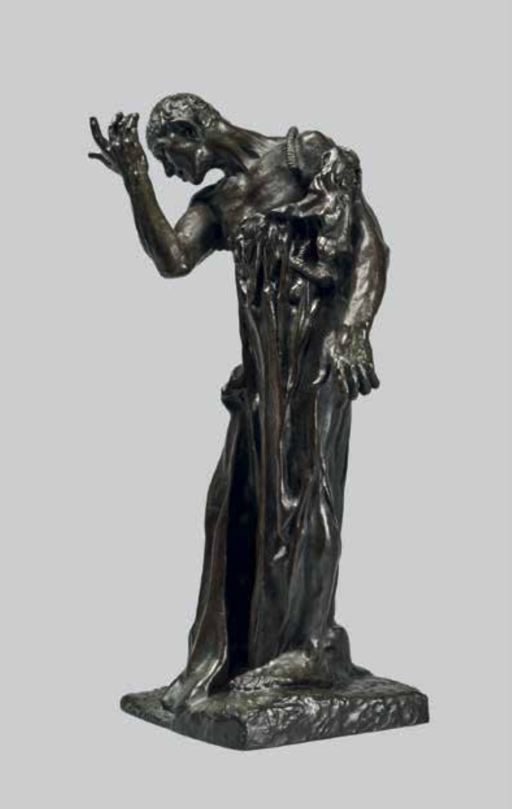 A metallic statue of a woman with her head bowed and right hand raised to her forehead, standing on a base, with tears or water streaming down her face.