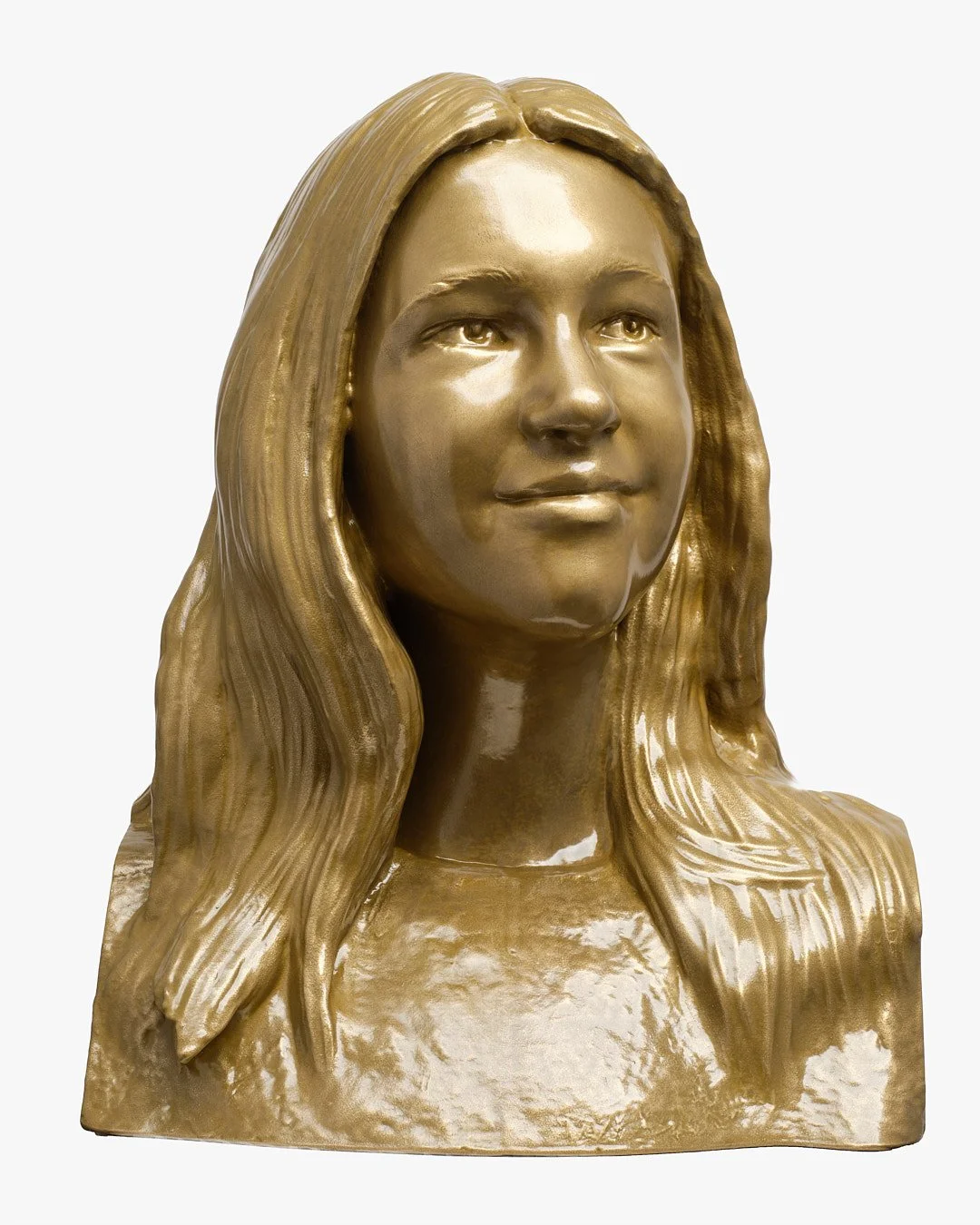 Bronze bust sculpture of a young woman's face with long hair, facing slightly to the right, against a plain white background.