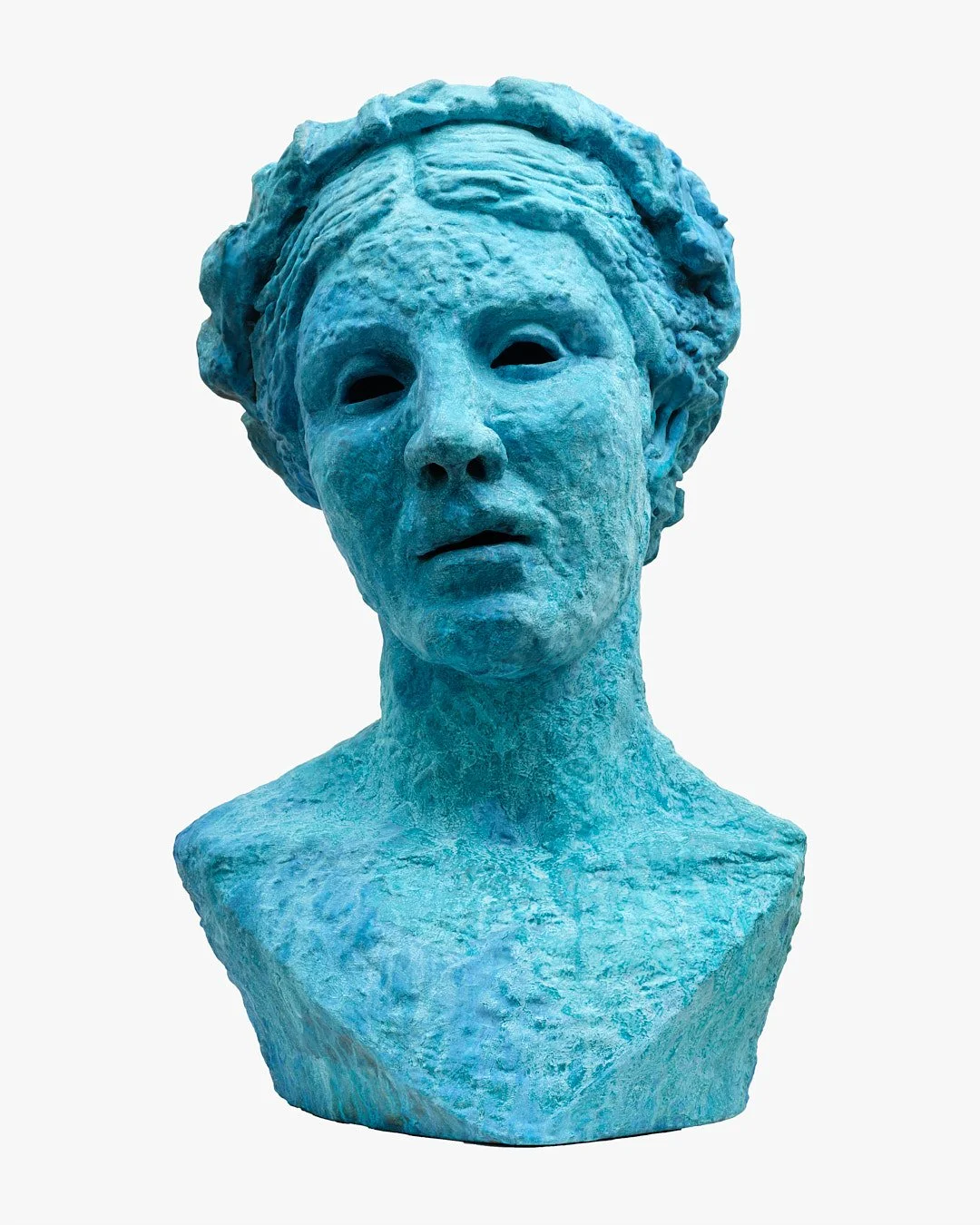 A bust sculpture of a woman with a textured face and hairstyle painted in a light blue color.