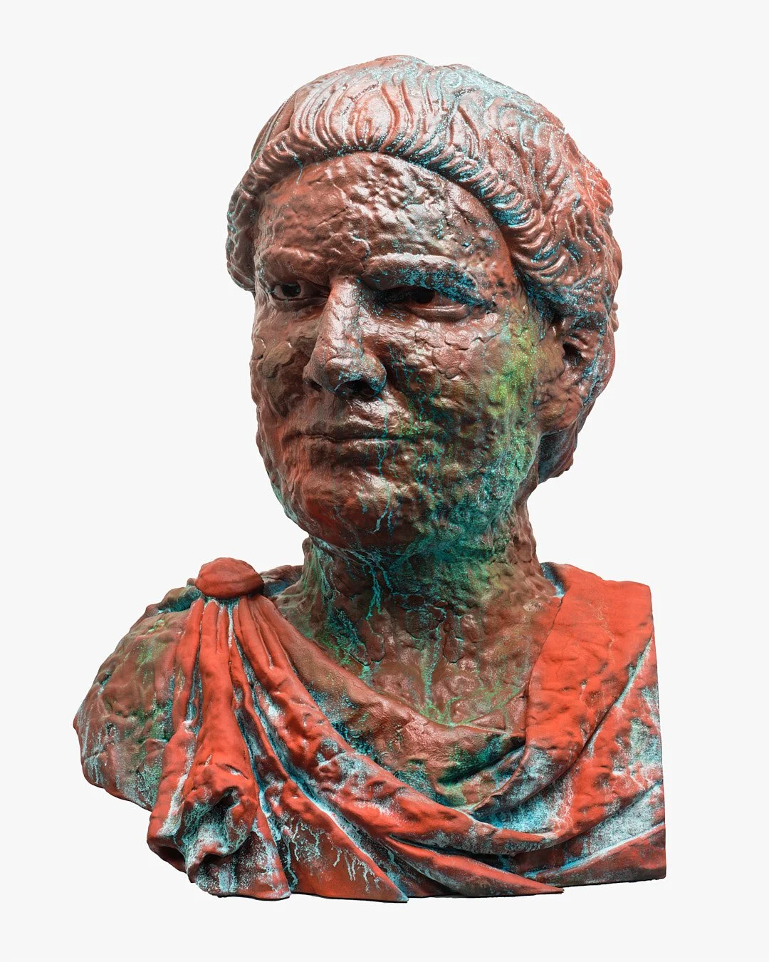 A bronze bust sculpture of a woman with ancient Roman-style clothing, featuring a detailed hairstyle and textured surface with some greenish and bluish patina.