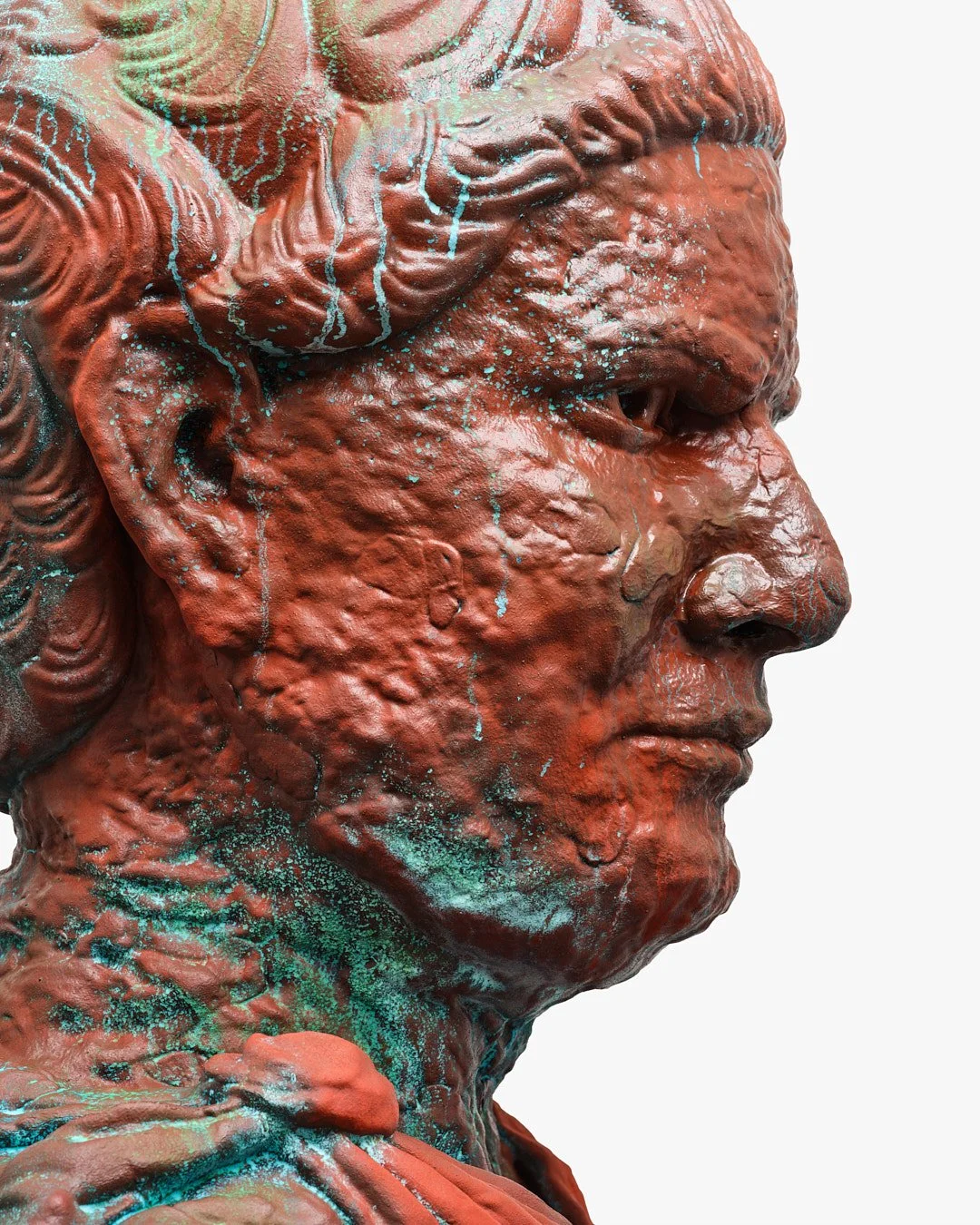 Close-up of a classical sculpture's profile of a man's face, with added colorful streaks and splashes of paint for artistic effect.