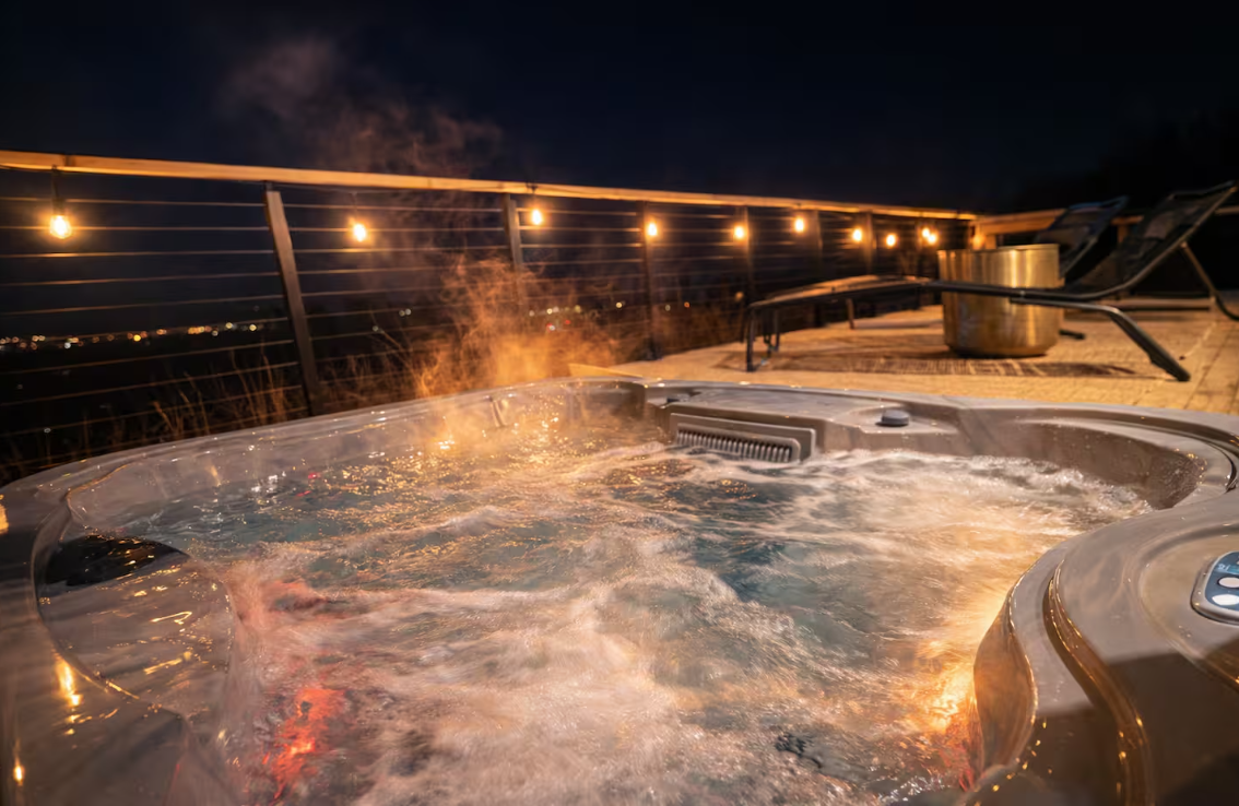 Hot tub on an outdoor deck at night, with string lights and lounge chairs, overlooking a cityscape in the distance.