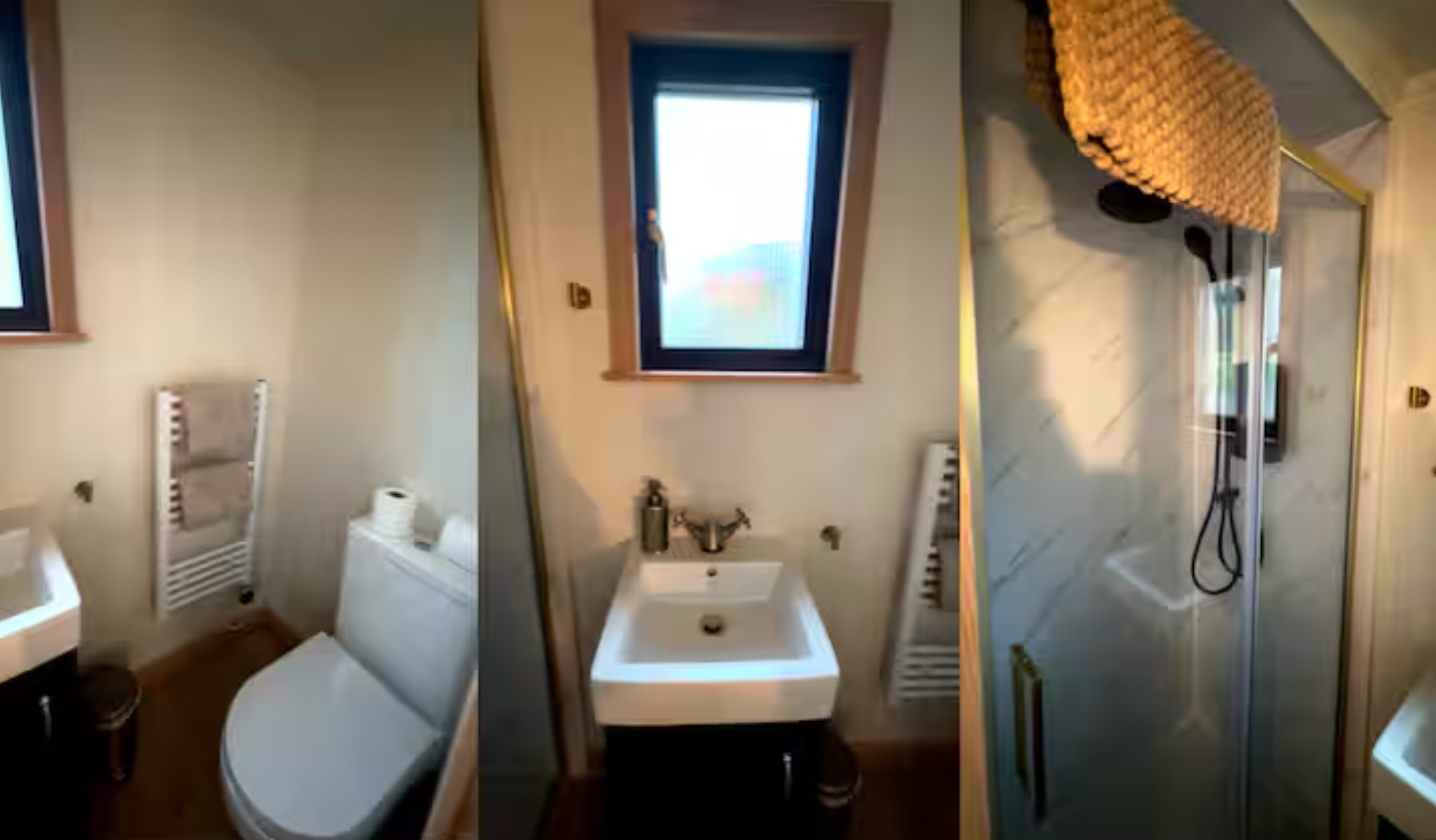 Three bathroom images: 1) Toilet and small sink, 2) Small sink with a window above, 3) Shower with glass door and marble walls.