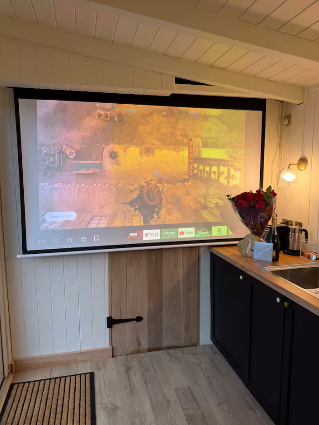 Kitchen with a large projection screen displaying a scene from a video game or movie, a bouquet of red roses on the countertop, and various kitchen items on the right side.