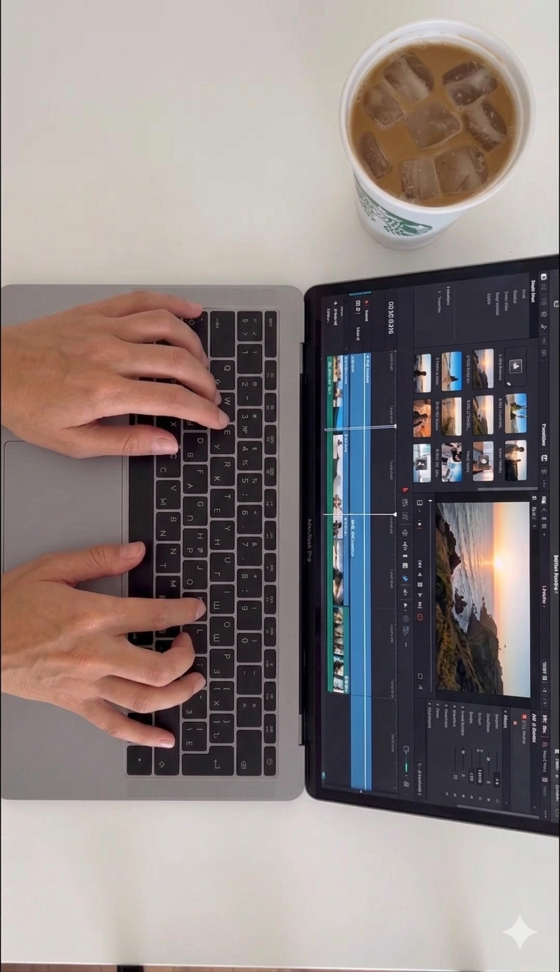 An open laptop showing video editing software, a person's hands typing on the keyboard, a cup of iced coffee on a white table.