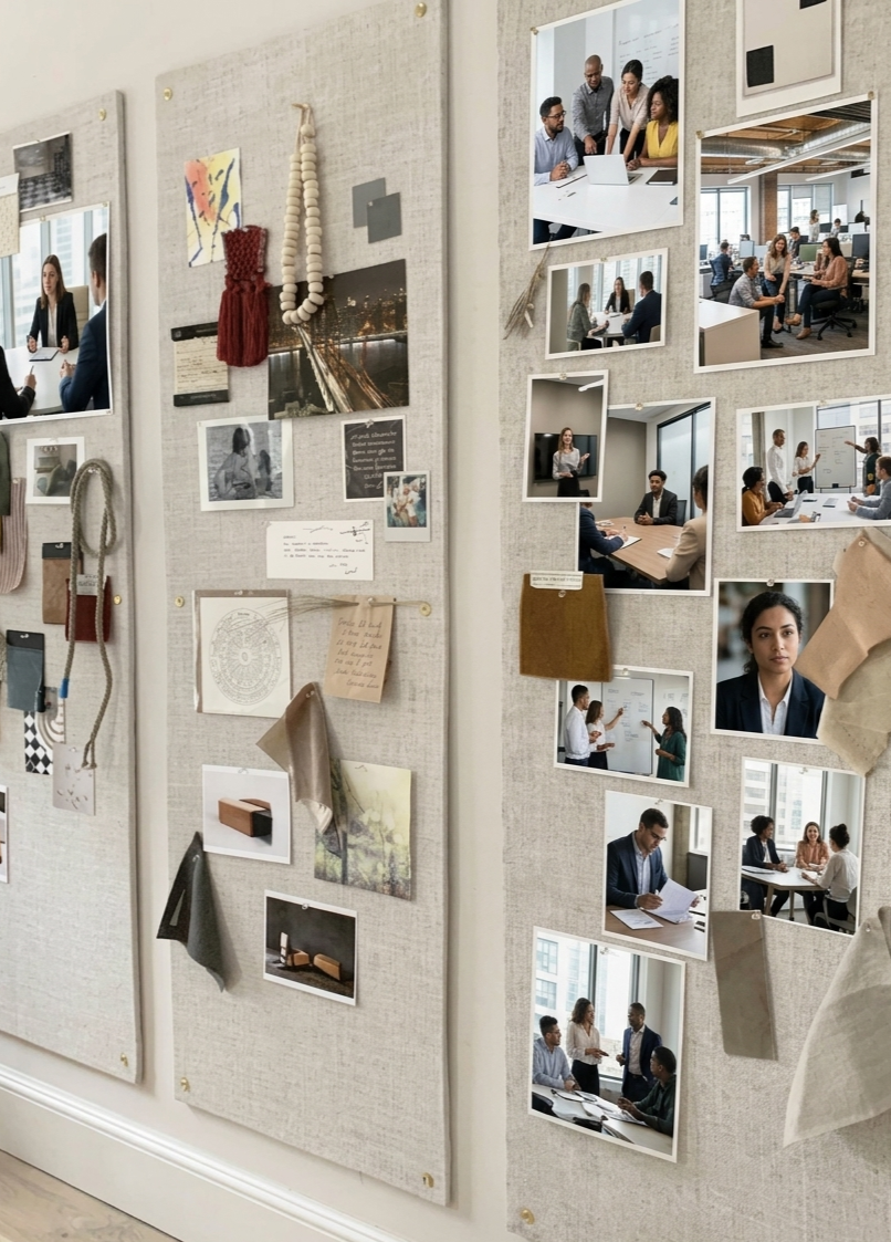 Photo of a display wall with various photos, fabric samples, and decorative items pinned to fabric-covered boards inside an office or meeting space.