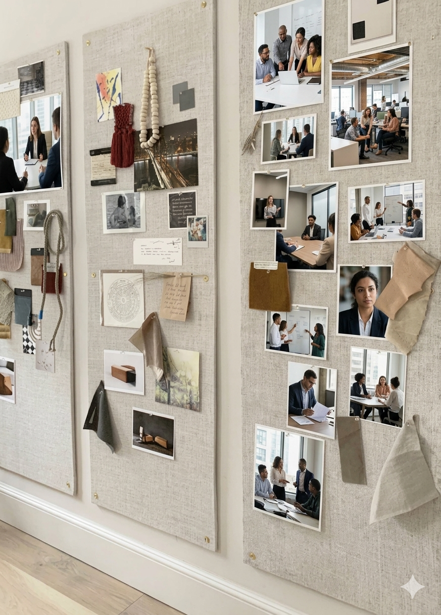 Photo of a display wall with various photos, fabric samples, and decorative items pinned to fabric-covered boards inside an office or meeting space.