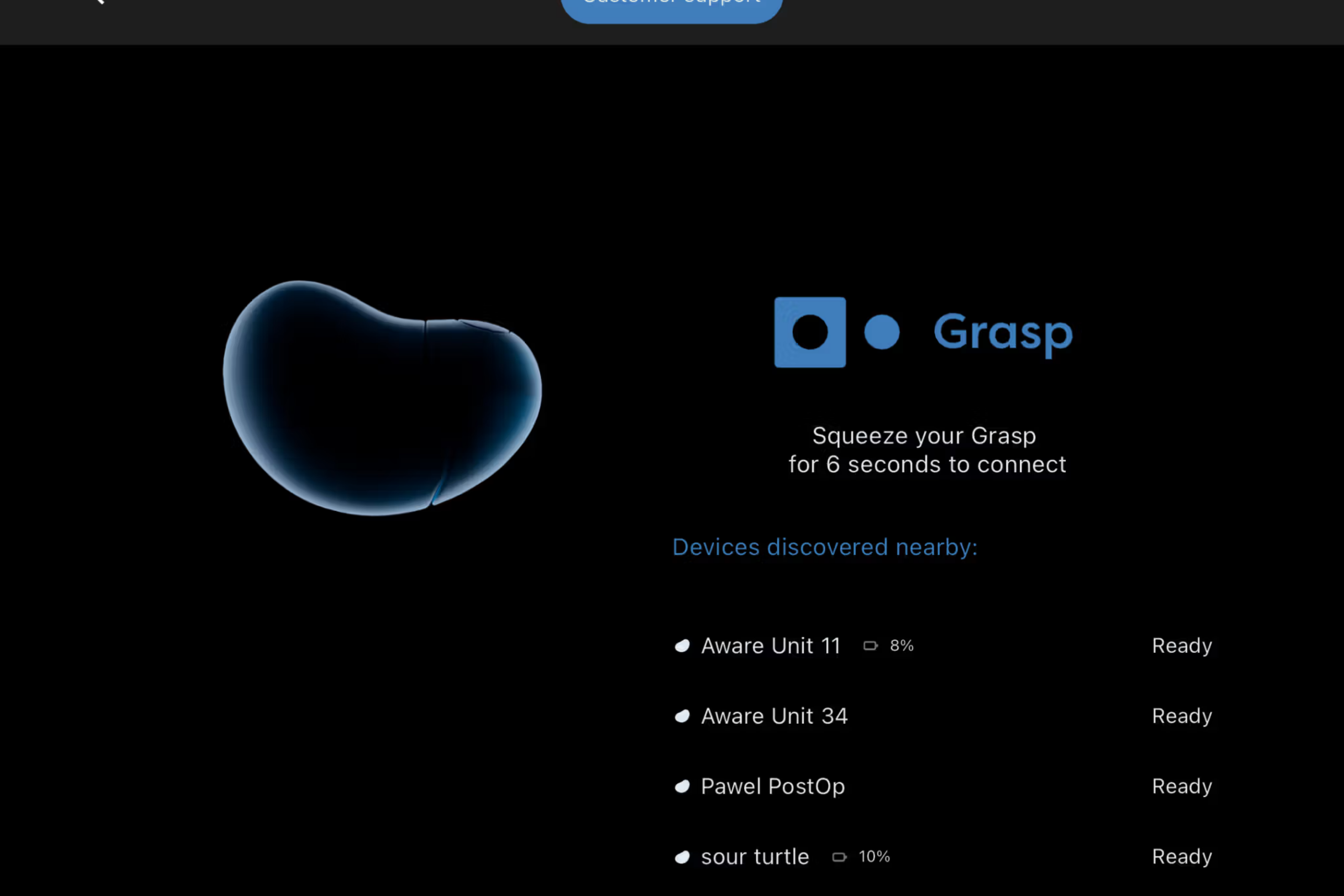 Grasp app screen showing device connection via Bluetooth