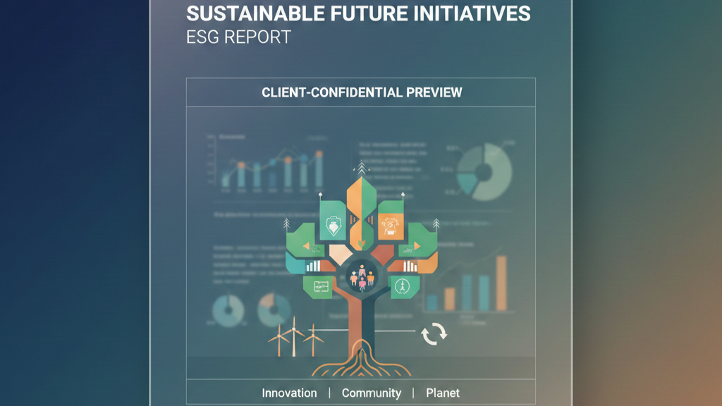 A cover page of a report titled 'Sustainable Future Initiatives' with an ESG report subtitle. The page features a central illustrated tree with various icons representing sustainability topics, surrounded by graphs and charts, and the words 'Client-Confidential Preview.' At the bottom, the words 'Innovation,' 'Community,' and 'Planet' are displayed.