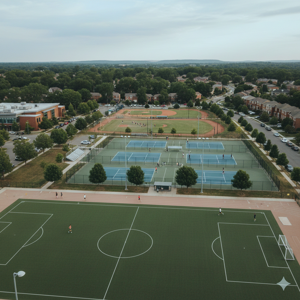 An aerial view of a sports complex with a soccer field, multiple tennis courts, a baseball diamond, and a running track, surrounded by trees and residential neighborhood.