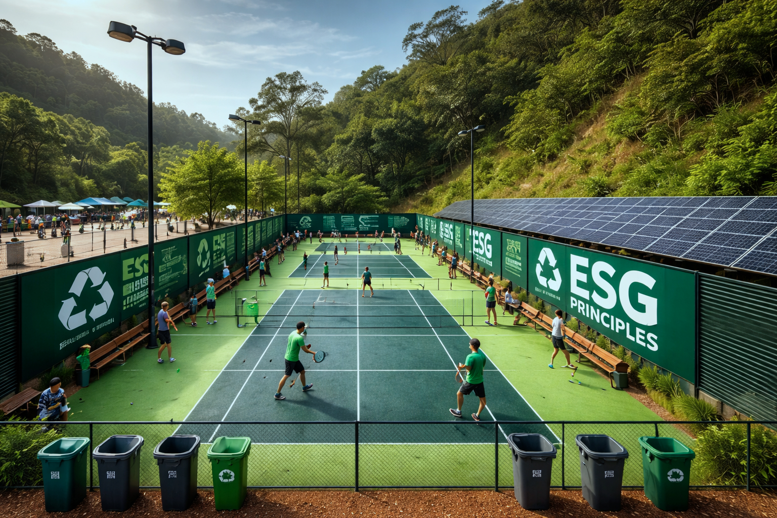 People playing tennis on a green tennis court surrounded by a green fence with recycling and ESG Principles banners, solar panels on the roof, and a scenic hillside with trees in the background.