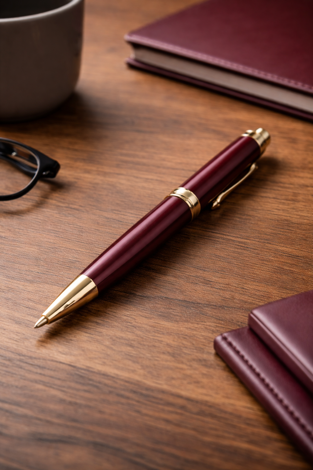 A wooden desk with a maroon pen with gold accents, glasses, two closed maroon notebooks, and a mug.