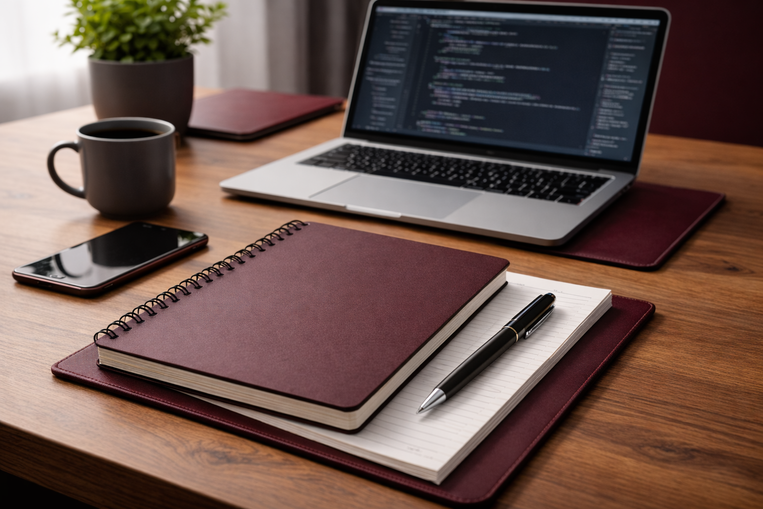 Desk with a laptop showing code, a smartphone, a black mug filled with coffee, a closed red notebook, a spiral-bound red notebook on lined paper, and a black pen, with a potted plant in the background.