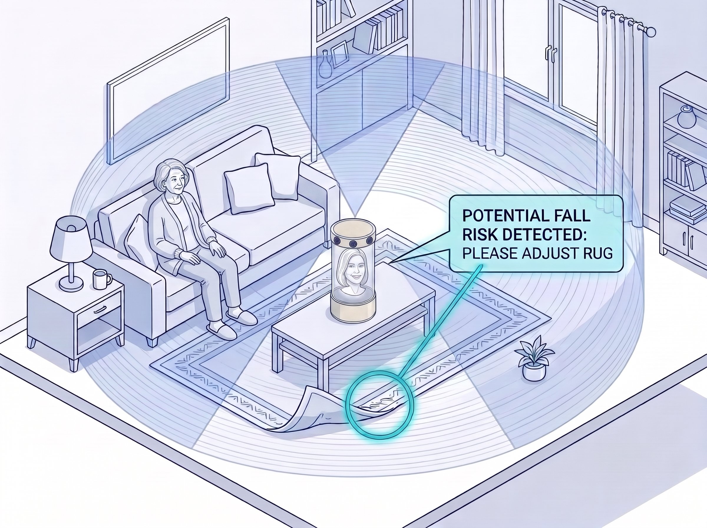 Illustration: an older woman sits on her sofa while OHLO, on the coffee table, spots a curled rug corner and suggests fixing it.