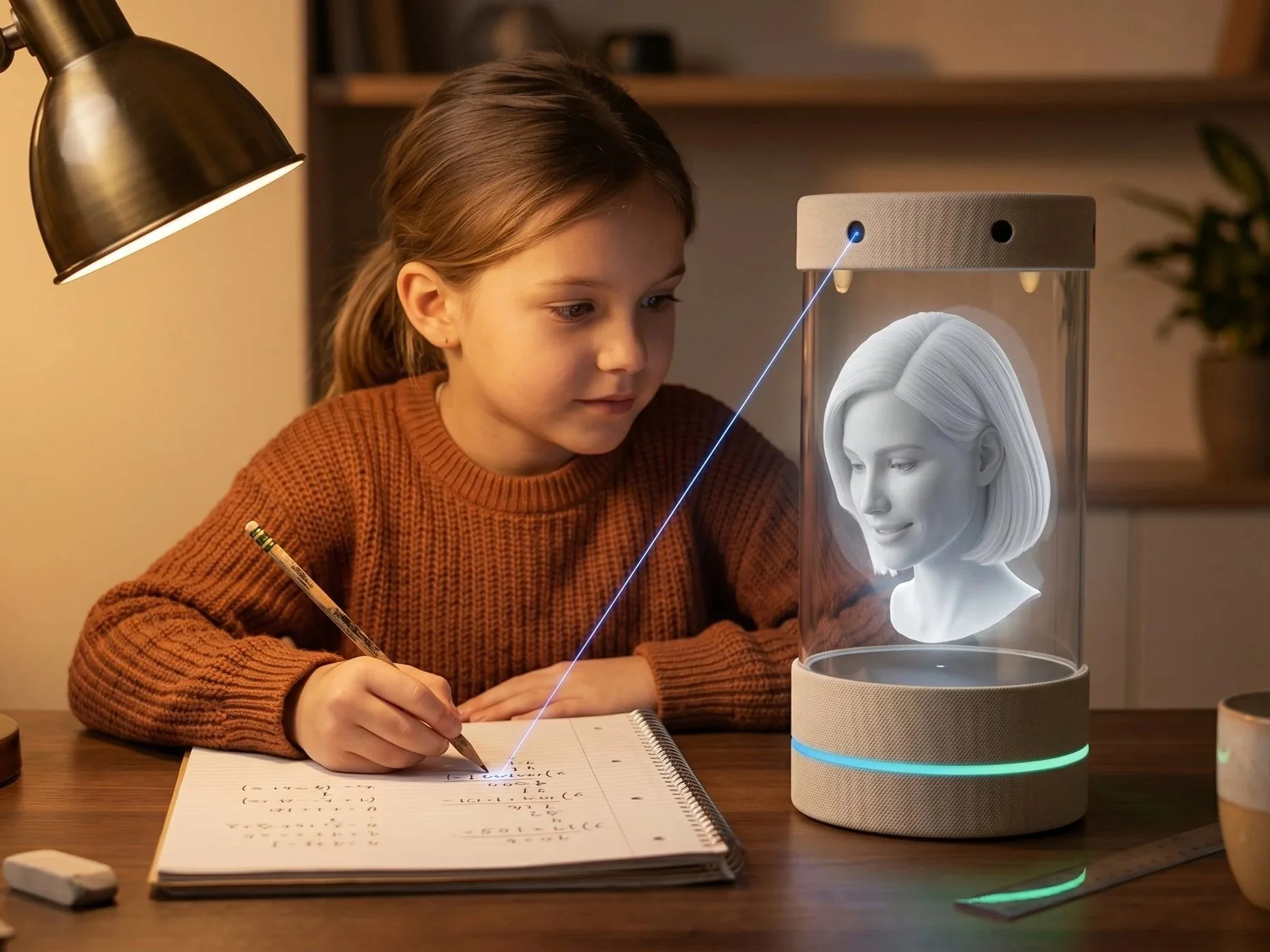 Concept image: a girl does her homework while OHLO points a thin light at her notebook.
