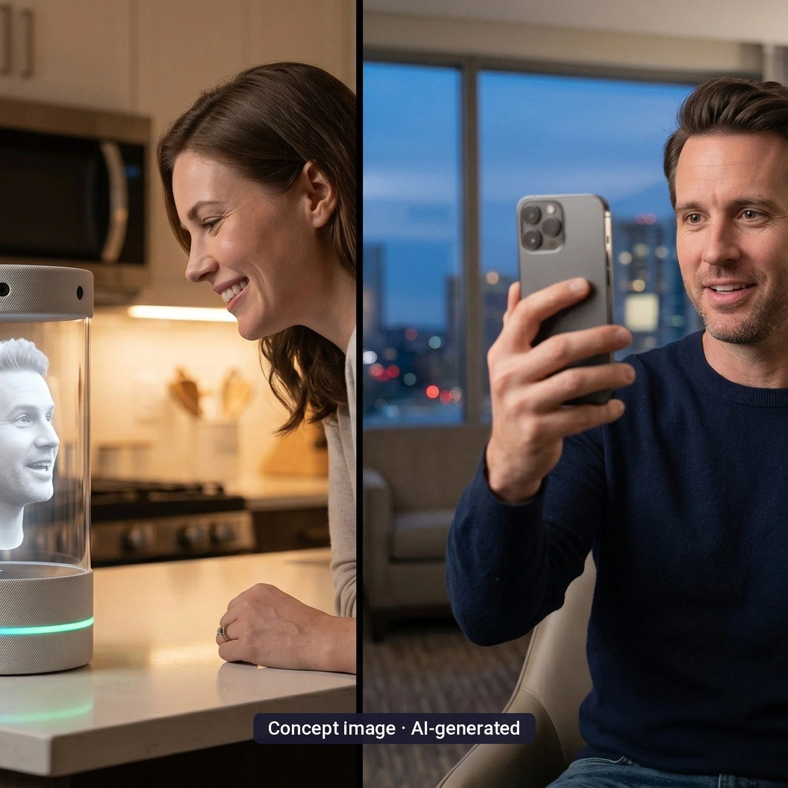 Concept image: a woman smiles at her husband’s 3D face in OHLO during a call.