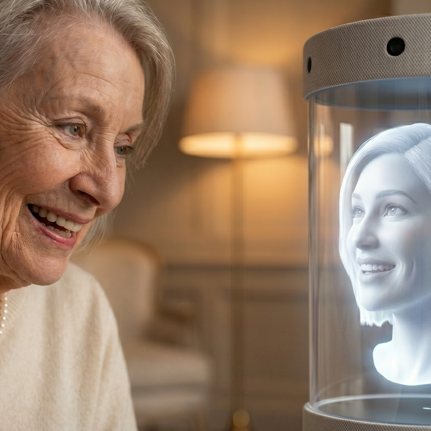Concept image: an older man laughs as he talks with OHLO’s 3D face on his table.